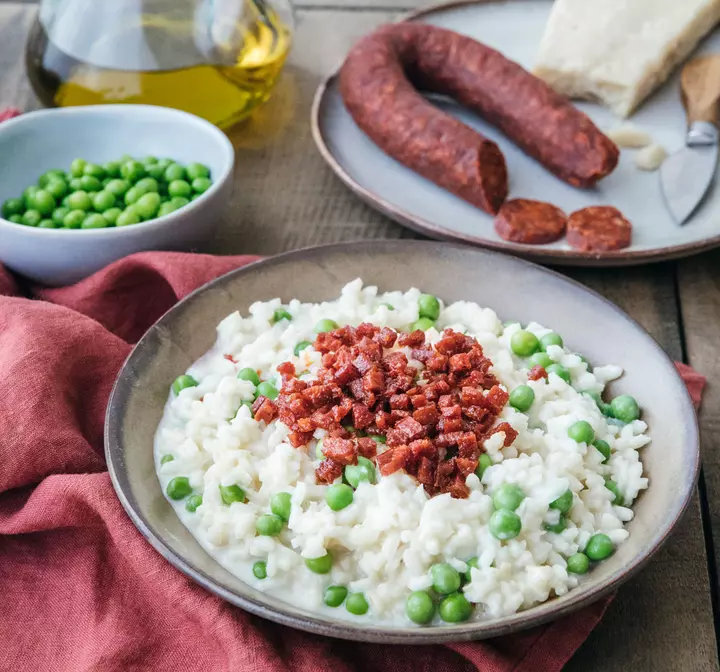 Recette de risotto de petits pois et chorizo César Moroni